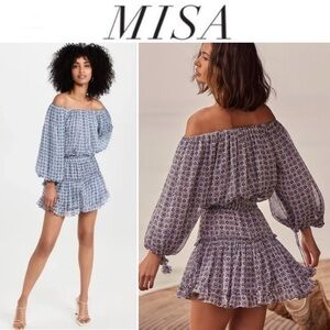 MISA Zonia Puff Sleeves Off-shoulder Minu Dress in Blue NWT XS 385$